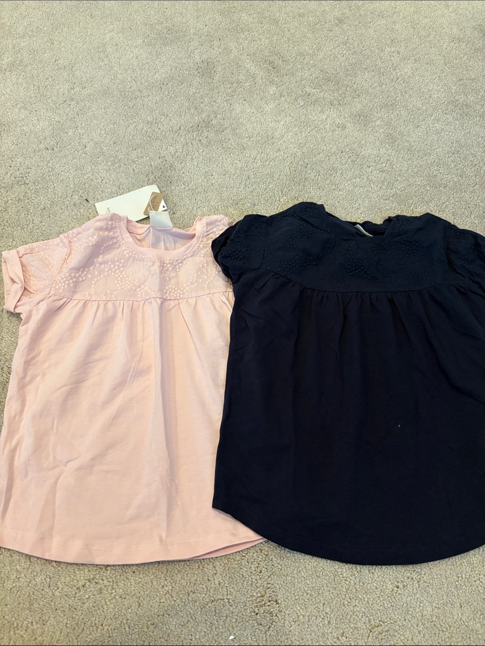Zara Girls' Short Sleeve Eyelet Yoke Tops - Light Pink & Navy